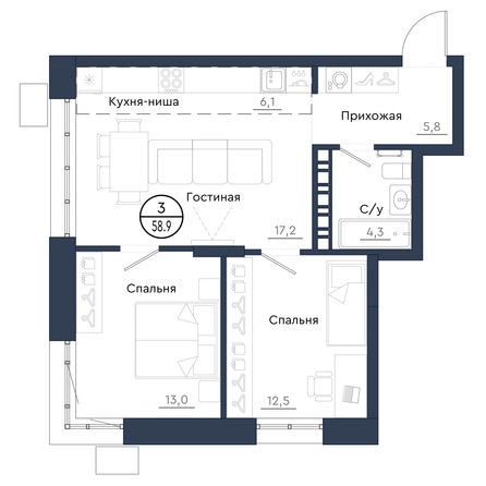 Планировка 3-комн 58,9 м²