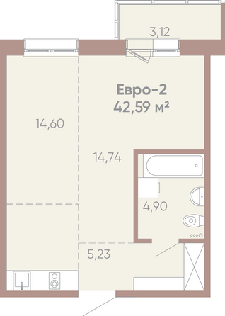 Планировка 1-комн 42,59 м²