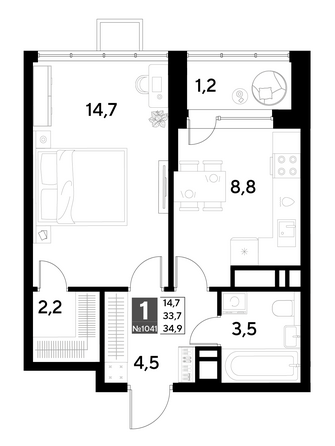 Планировка 1-комн 34,9 м²