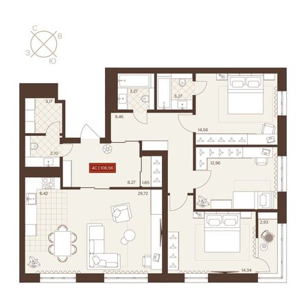 Планировка 4-комн 106,56 м²