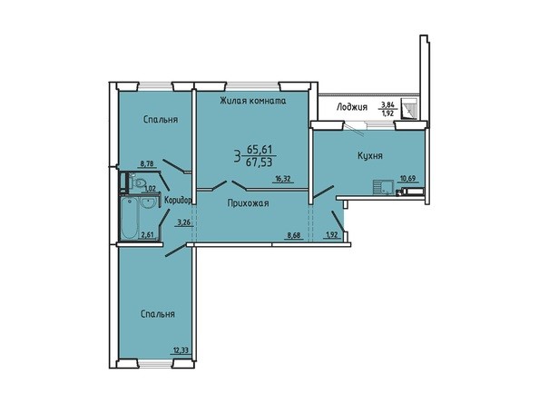 Планировка трехкомнатной квартиры 67,53 кв.м
