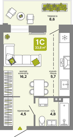 Планировка Студия 33,8 м²