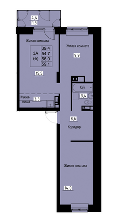 Планировка 3-комн 56 м²