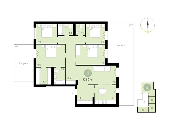 Планировка 4-комнатной квартиры 123,5 кв.м