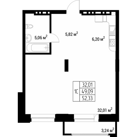 Планировка Студия 50,1, 50,2 м²