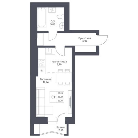 Планировка Студия 33,47, 33,73 м²