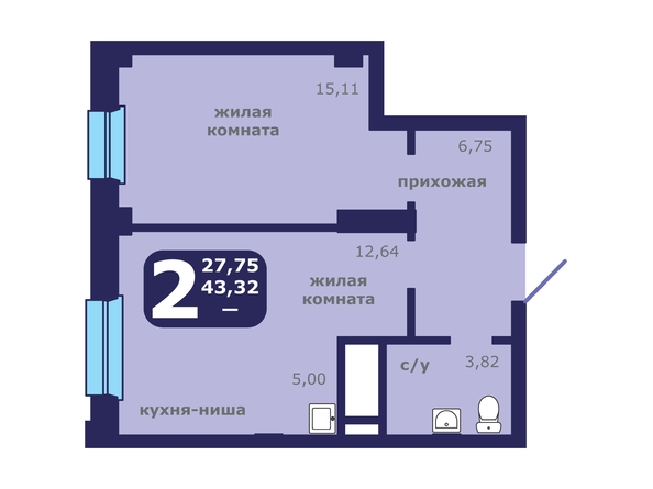 Планировка 2-комн 43,32 м²