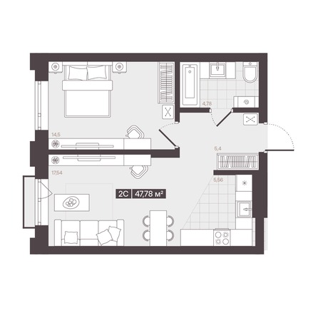 Планировка 2-комн 47,78 м²