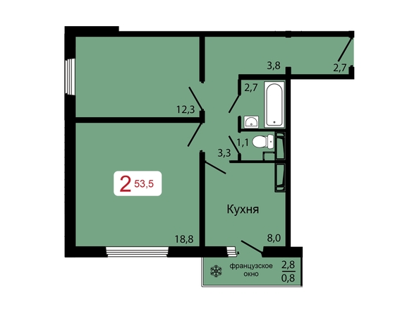 Планировка 2-комн 53,5 м²