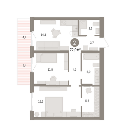 Планировка 2-комн 72,88 м²