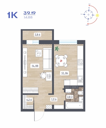 Планировка 1-комн 39,19, 39,24 м²