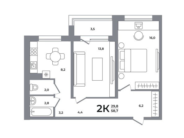 Планировка 2-комн 58,4, 58,7 м²