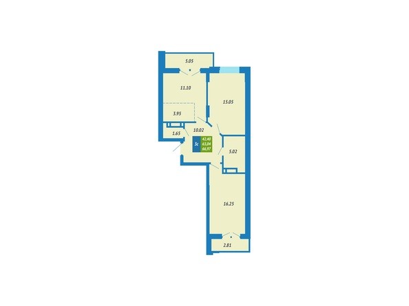 Планировка 3-комнатной квартиры 66,97 кв.м