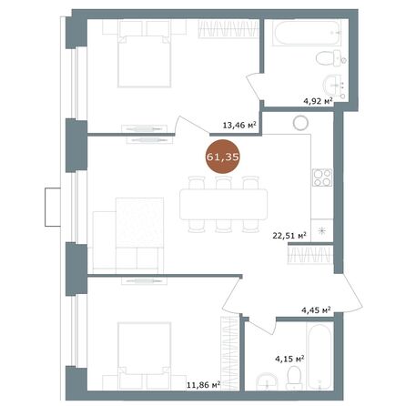 Планировка 3-комн 61,35 м²