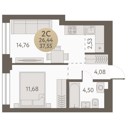 Планировка 2-комн 37,55 м²