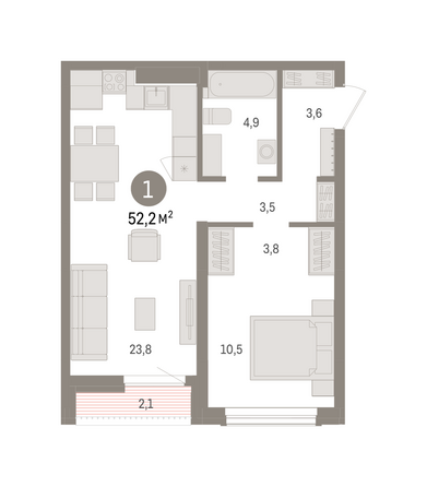 Планировка 1-комн 52,17, 52,18 м²