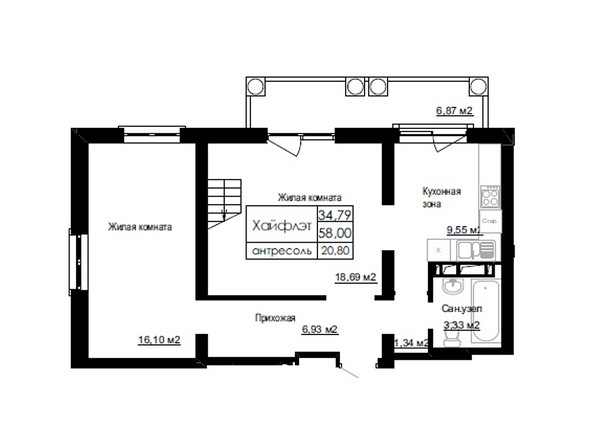 Планировка трехкомнатной квартиры 58 кв.м. Уровень 1