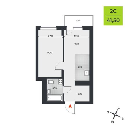 Планировка 2-комн 41,5 м²