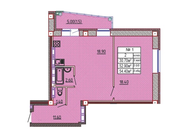 Планировка 2-комн 54,4 м²