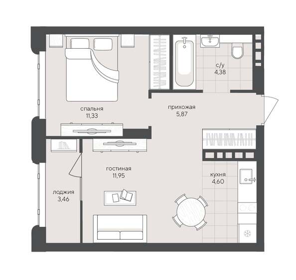Планировка 1-комн 41,59 м²