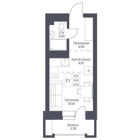 Планировка Студия 22,83, 23,31 м²