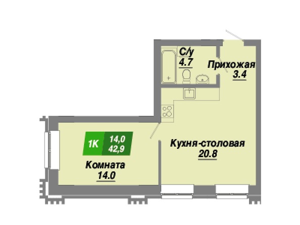 Планировка 1-комн 42,9 м²