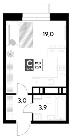 Планировка Студия 25,9, 27 м²