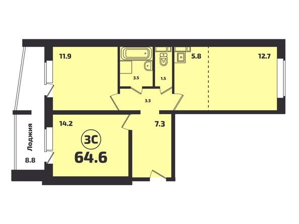 3-комнатная 64,6 кв.м