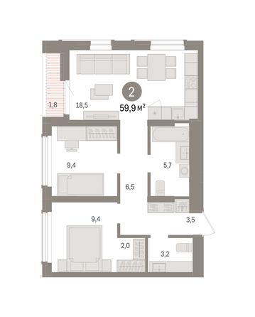 Планировка 2-комн 59,85 м²