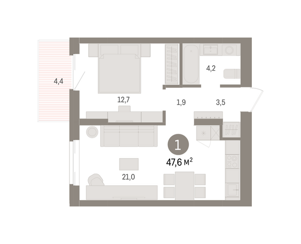 Планировка 1-комн 47,62 м²