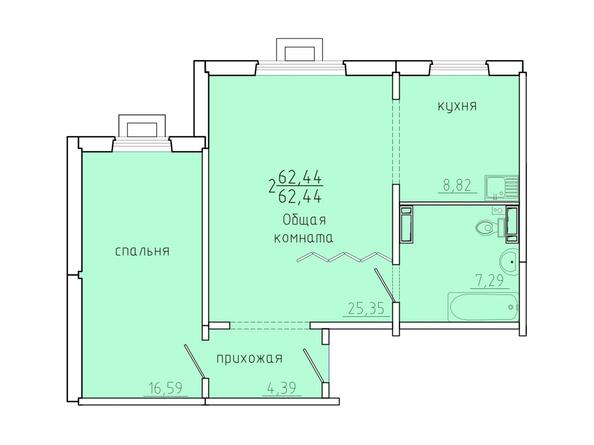 Планировка двухкомнатной квартиры 62,44 кв.м