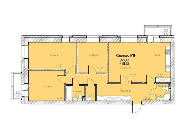 Планировка трехкомнатной квартиры 111,42 кв.м