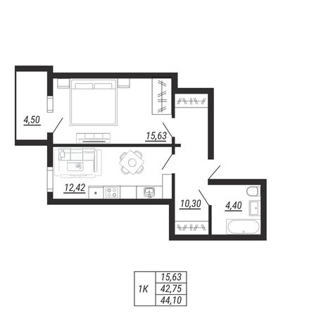Планировка 1-комн 44,1 м²