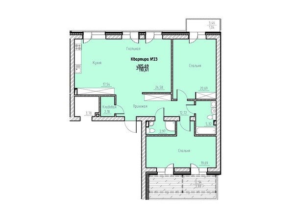 Планировка трехкомнатной квартиры 110,61 кв.м