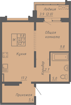Планировка 1-комн 42,1 м²