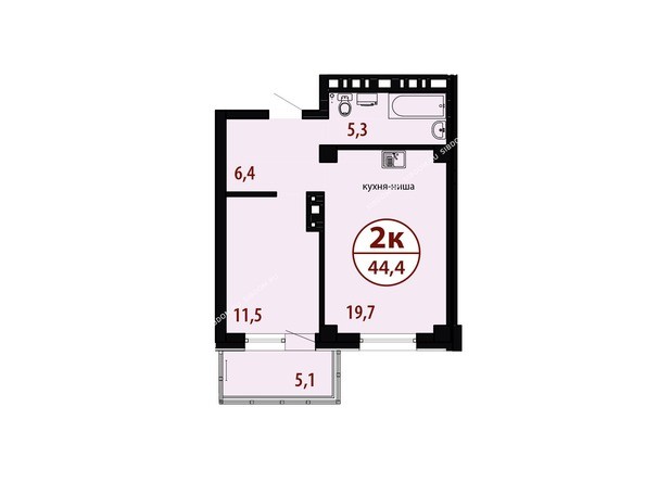 Секция №2. Планировка двухкомнатной квартиры 44,4 кв.м