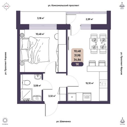 Планировка 1-комн 34,86 м²