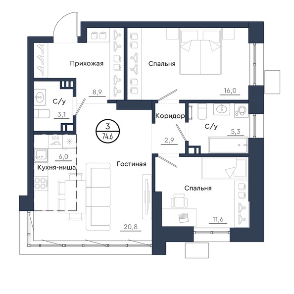 Планировка 3-комн 74,6 м²