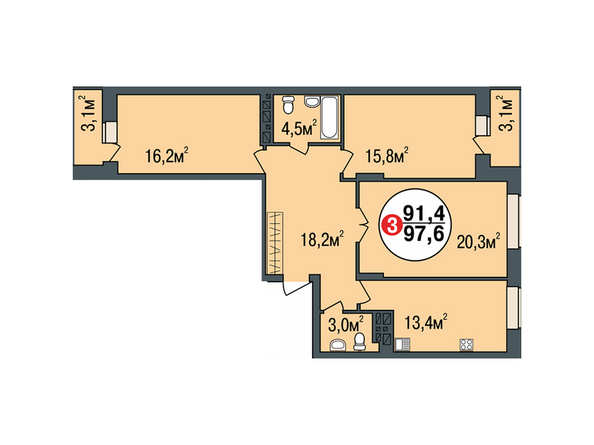 Планировка трехкомнатной квартиры 97,6 кв.м