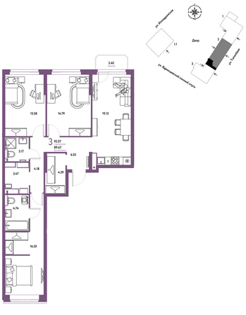 Планировка 3-комн 92,07 м²