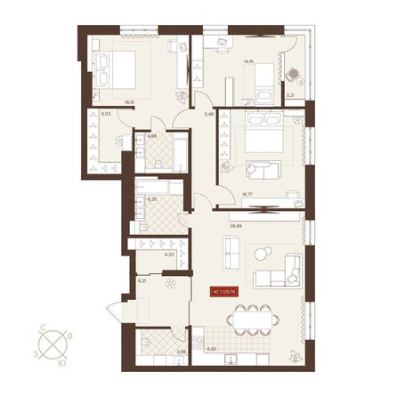 Планировка 5-комн 129,78 м²