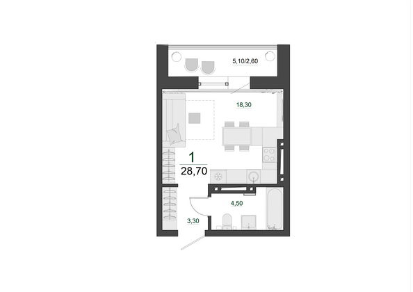 Планировка 1-комн 28,7, 29,1 м²
