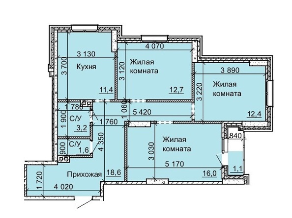 Планировка 3-комн 76,4 - 77 м²