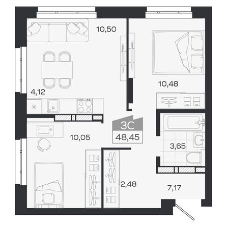 Планировка 3-комн 48,45 м²