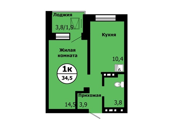 Планировка 1-комнатной квартиры 34.5 кв.м