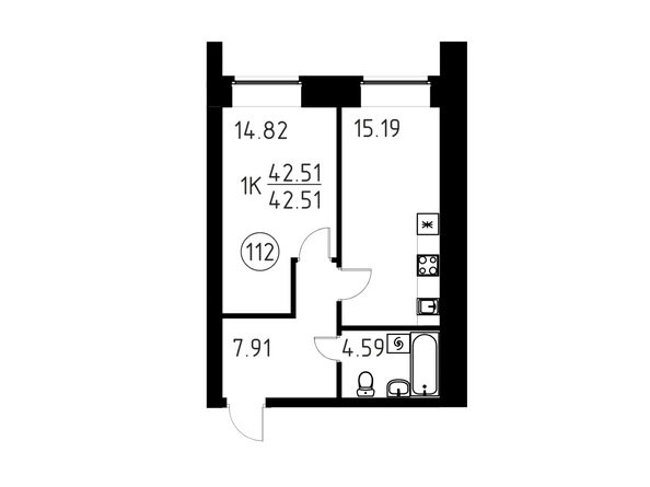 Планировка 1-комн 42,51 м²