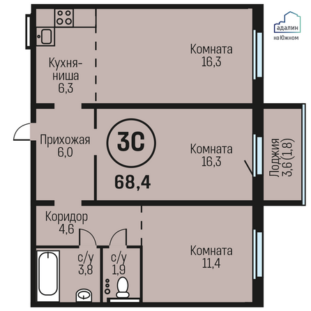 Планировка 3-комн 68,4 м²