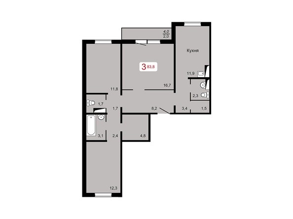 3-комнатная 83,8 кв.м