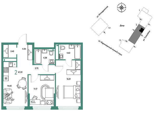 Планировка 2-комн 61,33, 61,67 м²