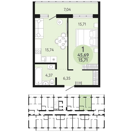 Планировка 1-комн 45,69, 45,71 м²